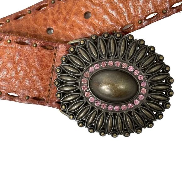 Fossil boho leather Studded Distressed Western Belt Rhinestone Brass Buckle Sz S - Picture 3 of 8